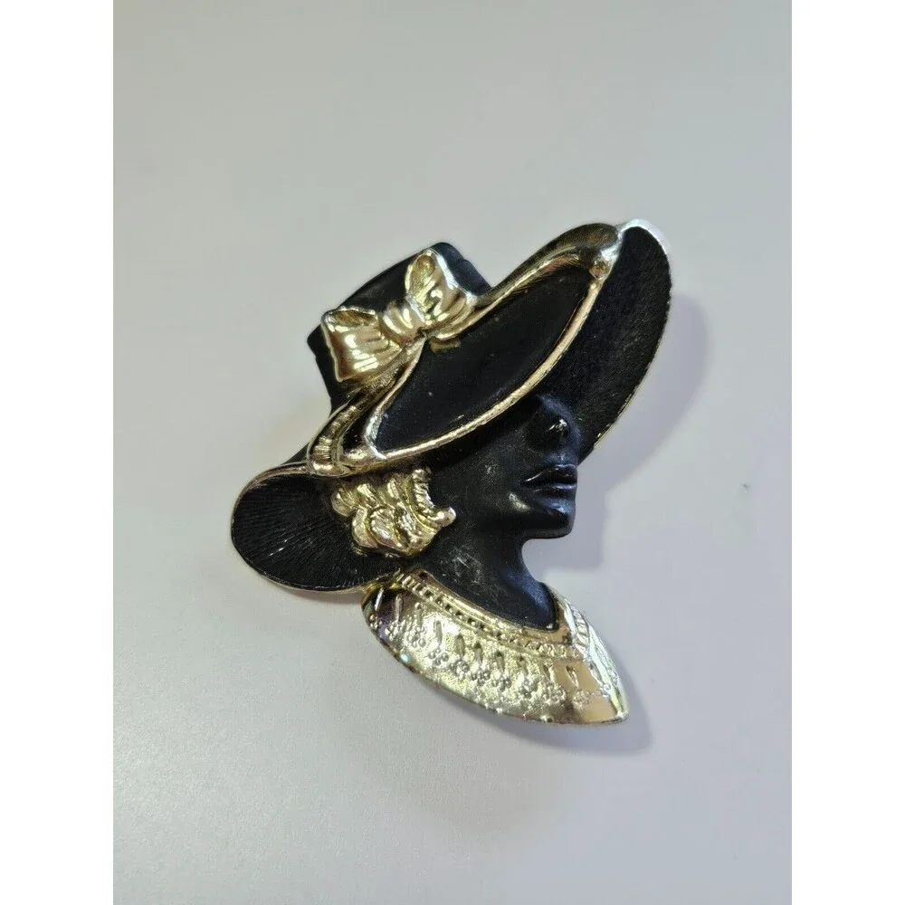 Torino gold tone black matte brooch silhouette vintage hat fancy